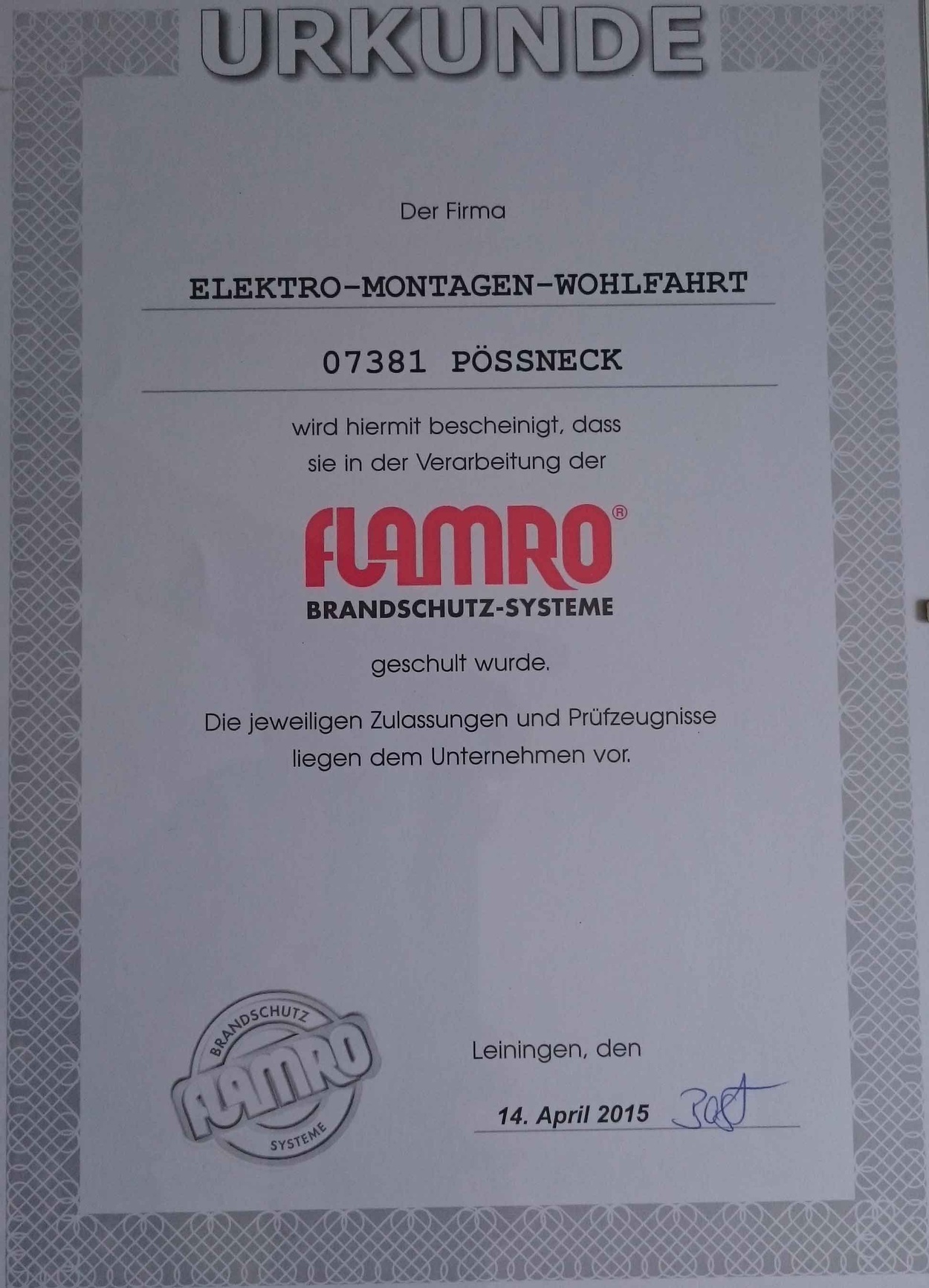 Wir sind zertifiziert bei Elektro-Montagen-Wohlfahrt in Pößneck